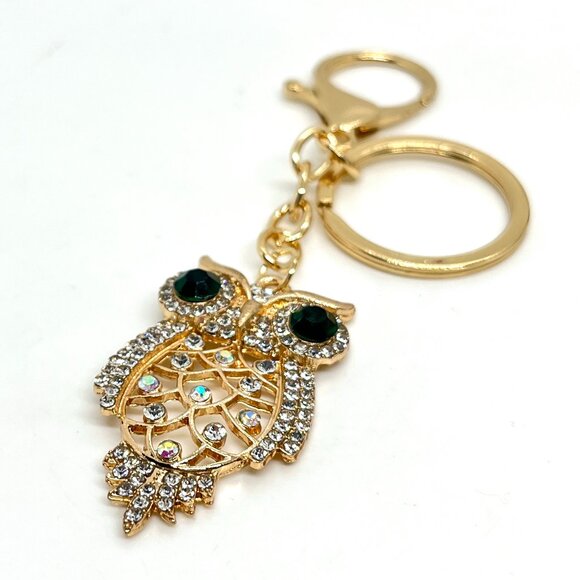 3/$30 GOLD OWL KEYCHAIN RHINESTONE CRYSTAL GREEN EYES BAG CHARM GIFT BLING NWT - Picture 6 of 10